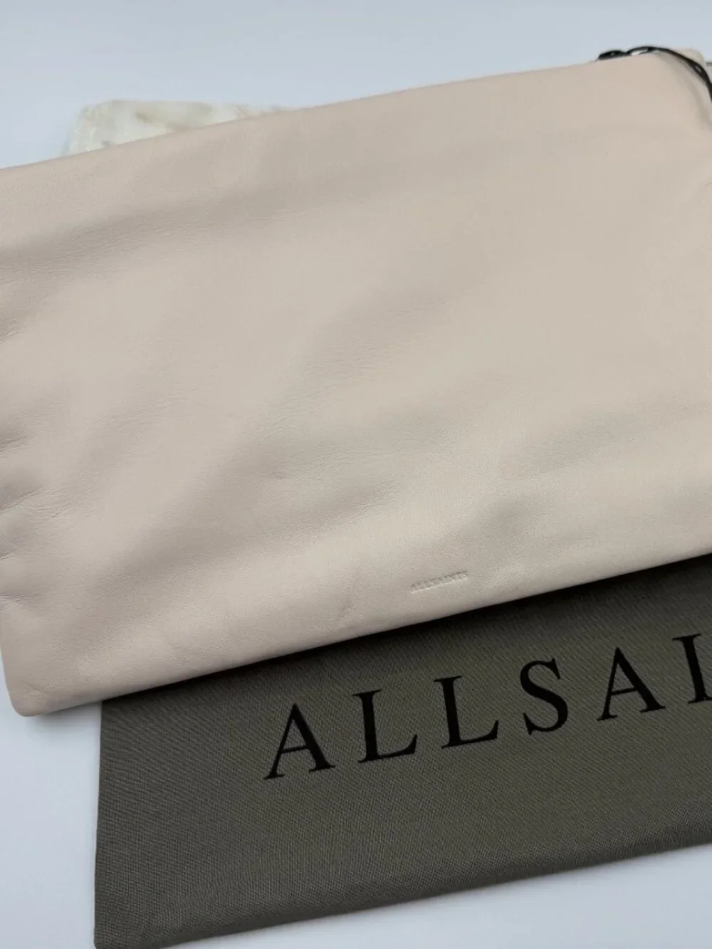 AllSaints Bettina Leather Clutch Desert White W613XD with Dust Bag,NWT $159 MSRP